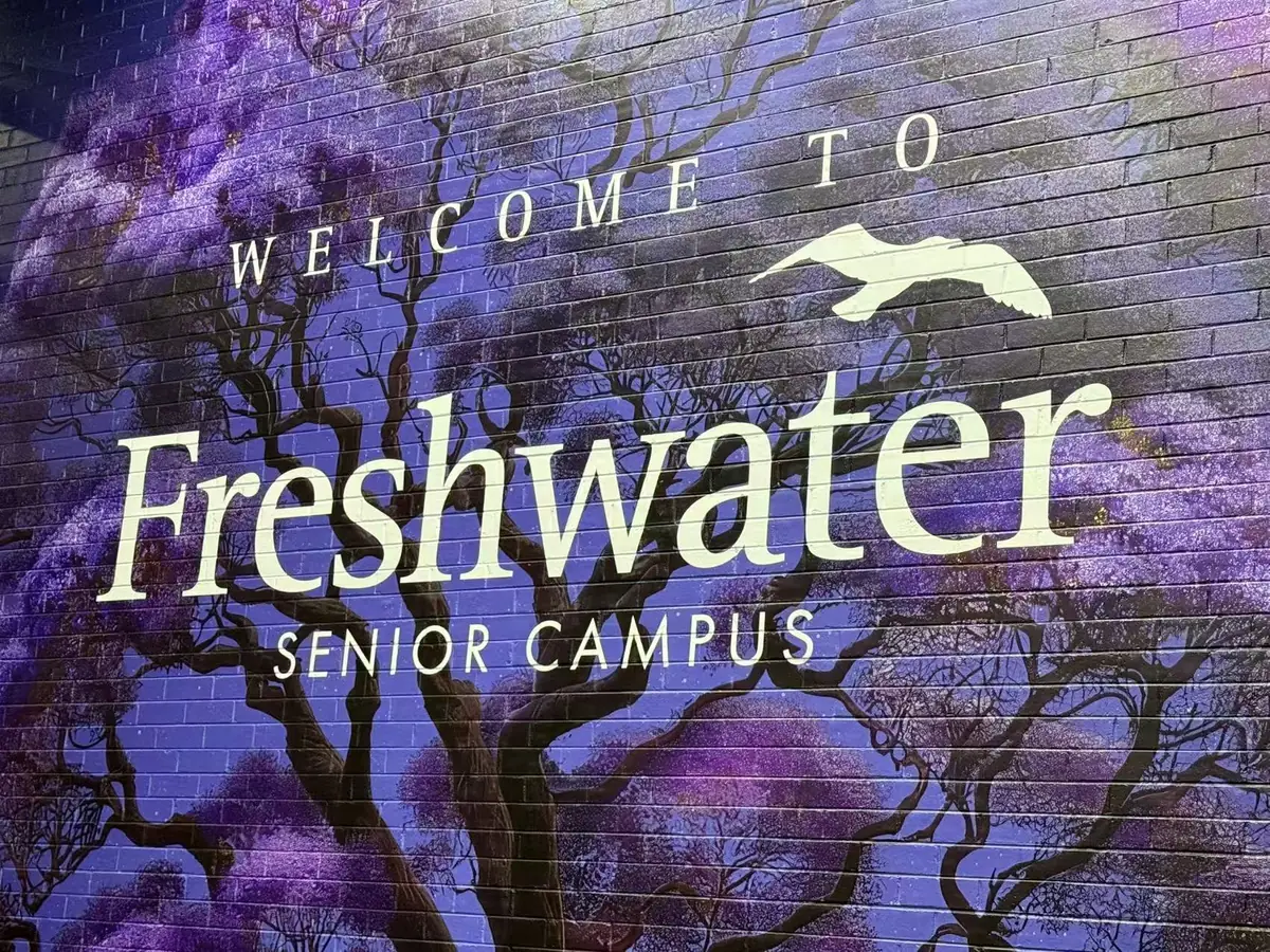 Freshwater Senior Campus welcome sign on a brick wall